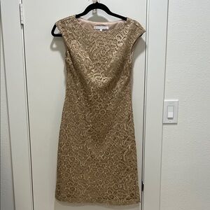 Sue Wong Gold Lace Sheath Dress